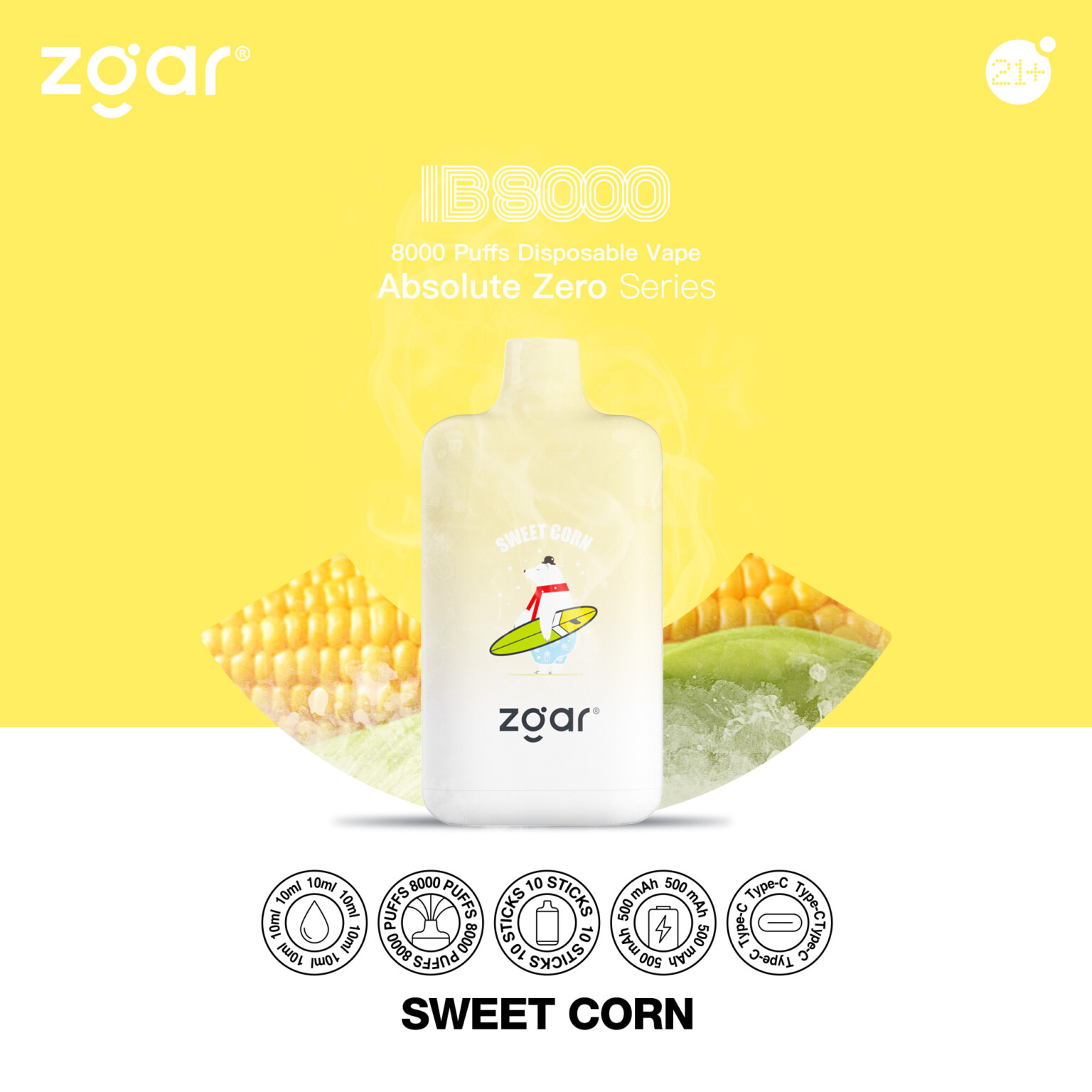 Disposable vape device labeled "Sweet Corn" from Zgar Absolute Zero Series, featuring 8000 puffs, 10ml capacity, and Type-C charging, with a yellow background and corn imagery.