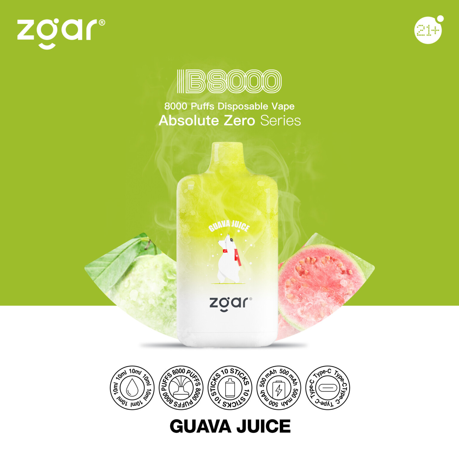 Zgar IB8000 disposable vape in "Guava Juice" flavor, featuring 8000 puffs, rechargeable 650 mAh battery, and a white polar bear mascot on the device.
