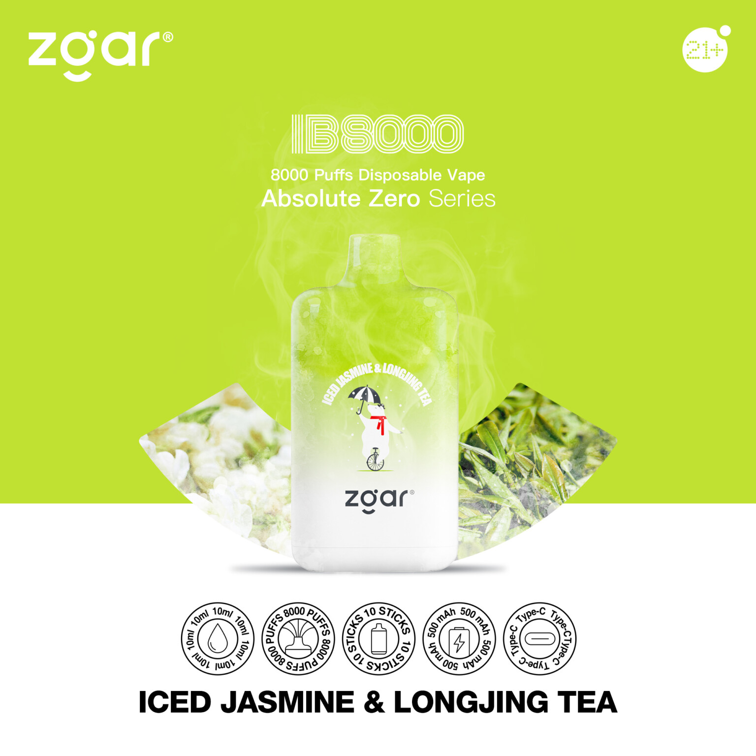 Zgar IB8000 disposable vape in Iced Jasmine & Longjing Tea flavor, featuring 8000 puffs, 10ml capacity, and Type-C charging, against a green background.