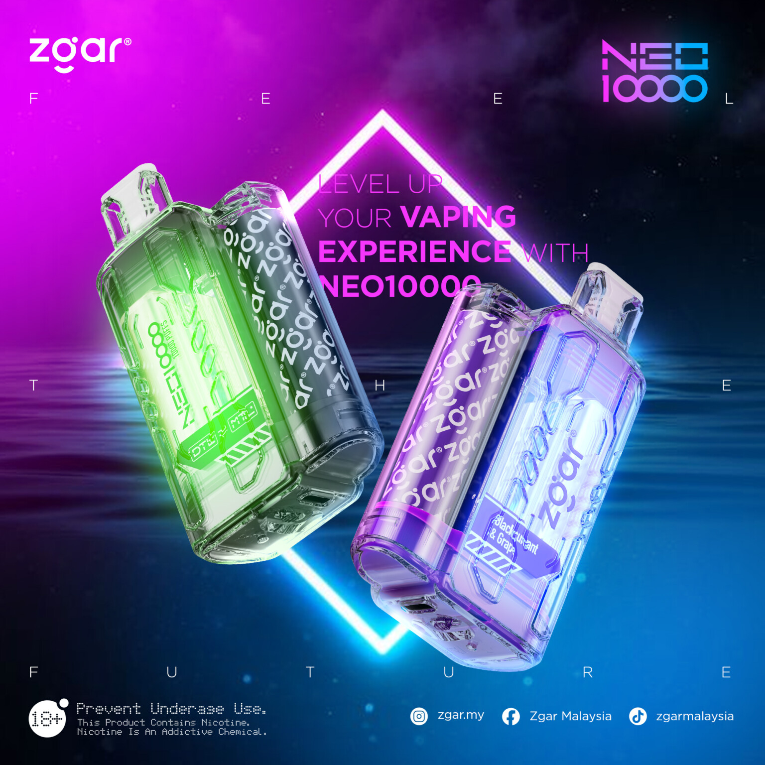 Two colorful vaping devices, one green and one purple, with a futuristic design floating above a neon-lit background. The text reads, "Level up your vaping experience with NEO10000."