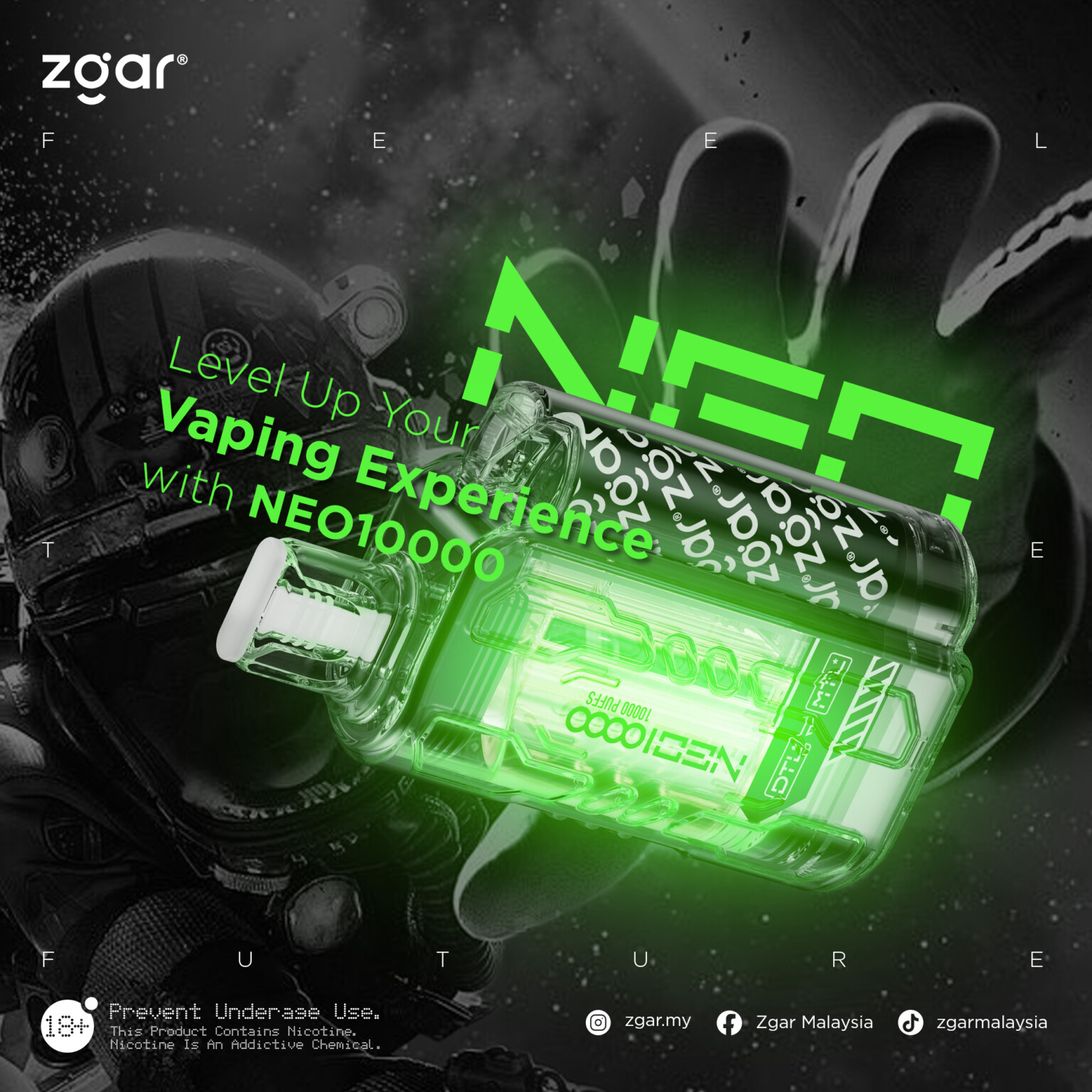 Promotional image for Zgar featuring a vaping device called NEO10000 with green highlights, futuristic design elements, and a disclaimer about nicotine.