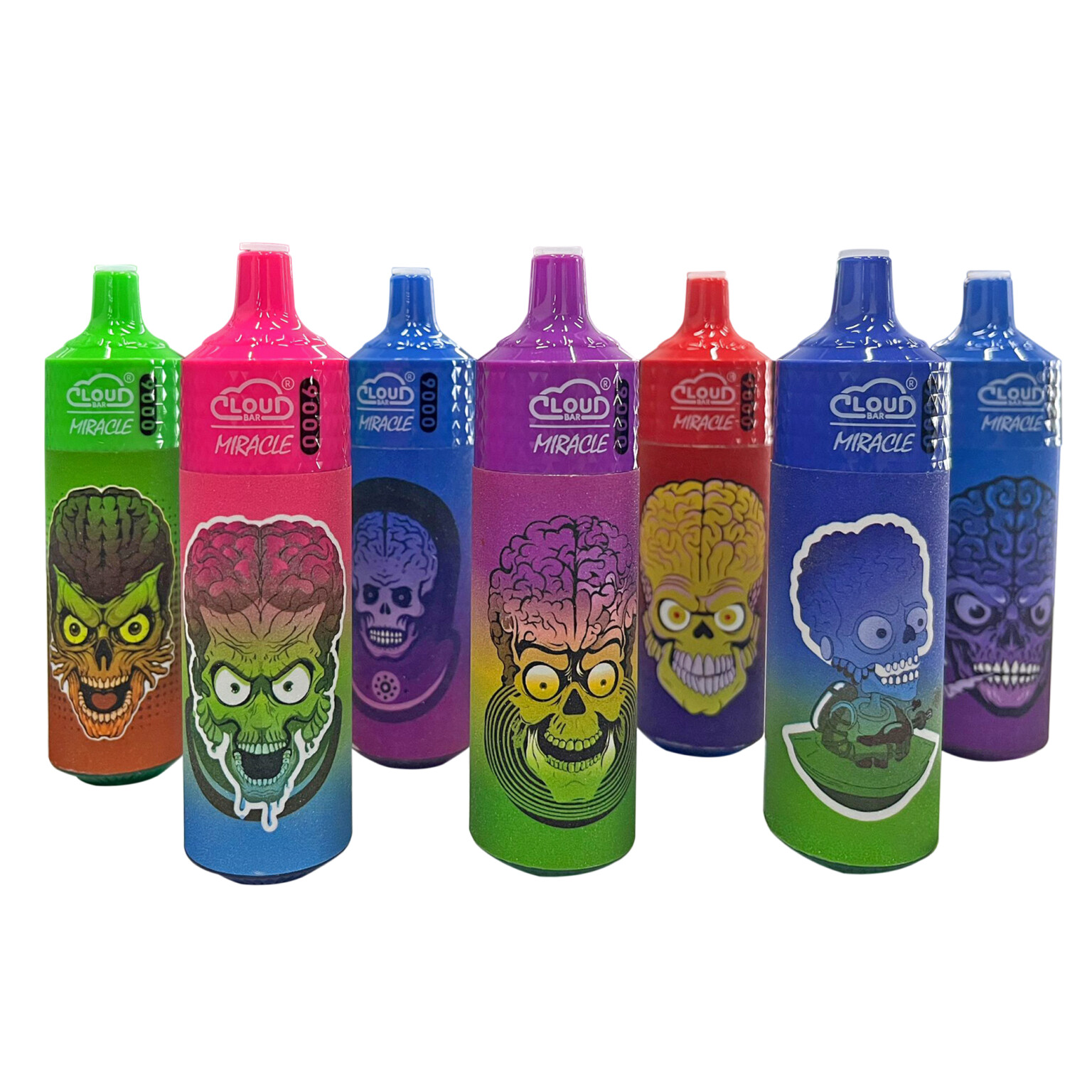 Colorful disposable vape pens with cartoonish, menacing alien faces on the packaging, labeled "Cloud Bar Miracle."