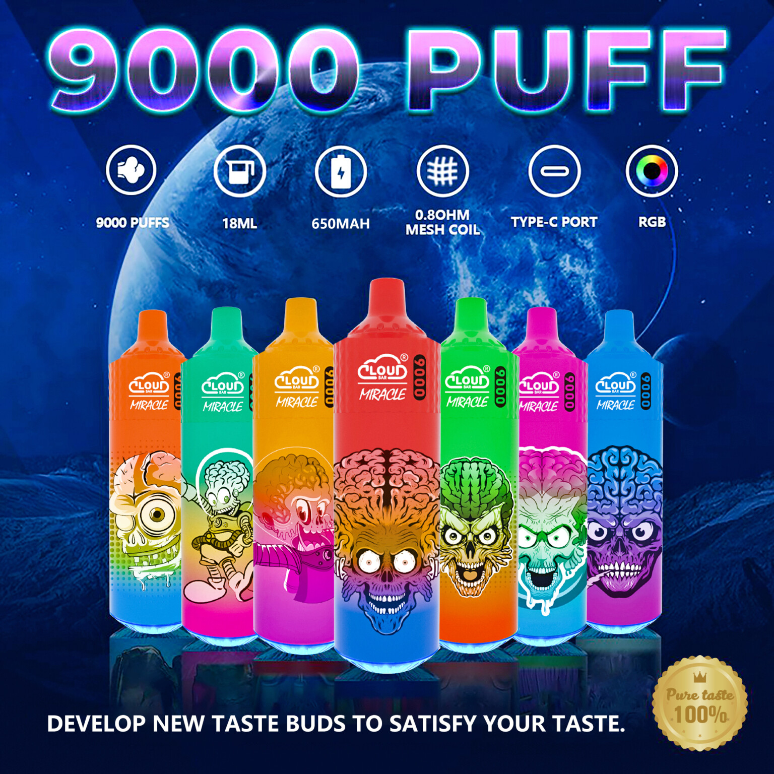 Vape device advertisement displaying colorful, cartoonish brain designs on vape pens with the text "9000 Puff" and product features like "18ml," "650mAh," "0.8ohm mesh coil," "Type-C port," and "RGB."