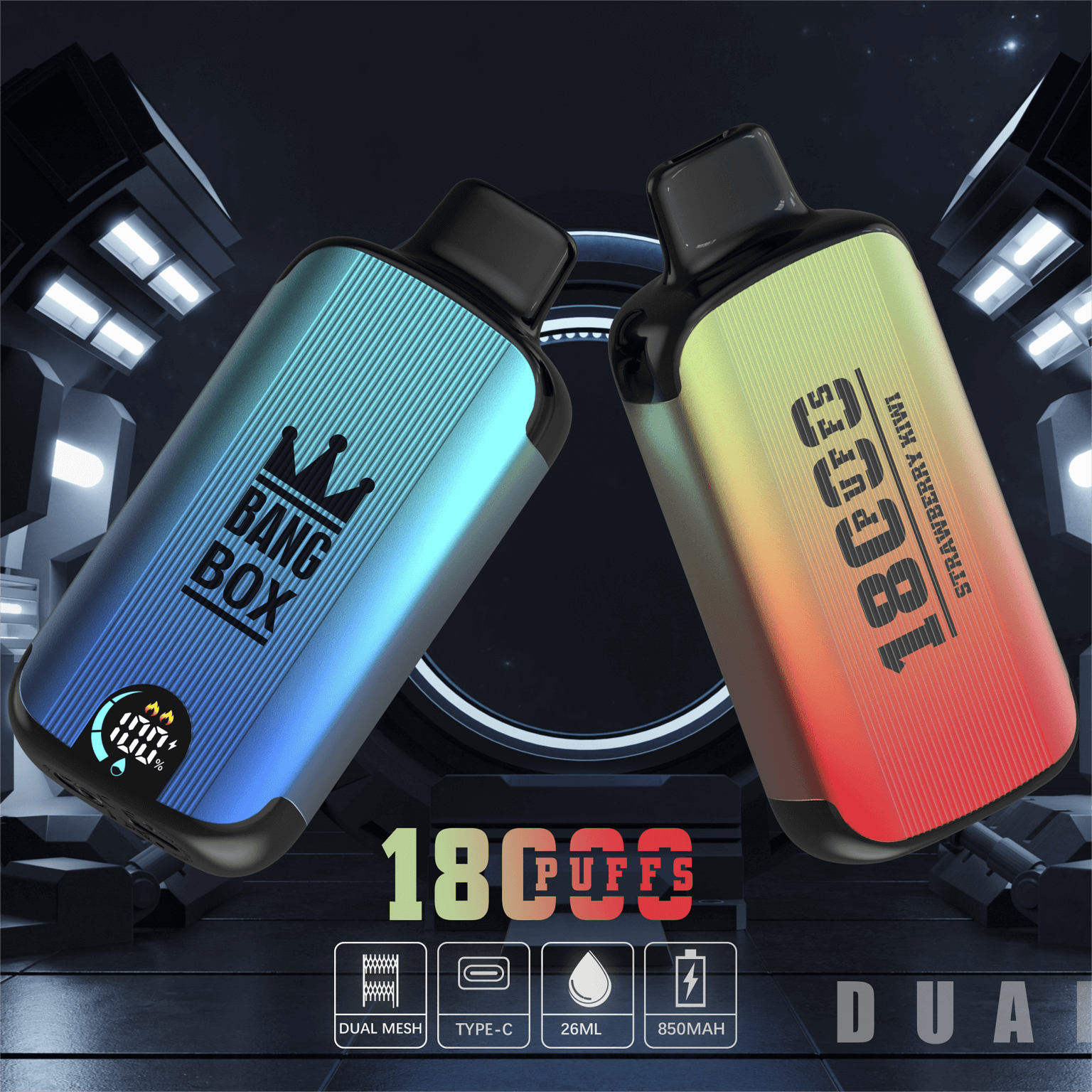 Two colorful vaping devices labeled "BANG BOX" and "18,000 PUFFS Strawberry Kiwi," featuring dual mesh coils, Type-C charging, 26ml capacity, and an 850mAh battery.