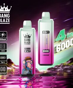 A colorful vape device featuring the 'Bang Blaze' branding, displaying specifications such as '650mah', '4 in 1', and a digital display with a monkey graphic, set against a vibrant cosmic background.
