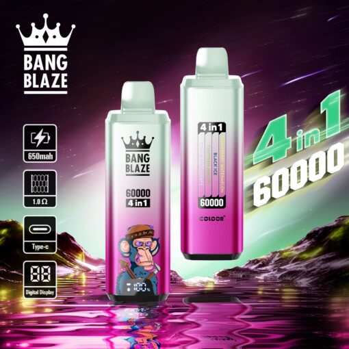 A colorful vape device featuring the 'Bang Blaze' branding, displaying specifications such as '650mah', '4 in 1', and a digital display with a monkey graphic, set against a vibrant cosmic background.
