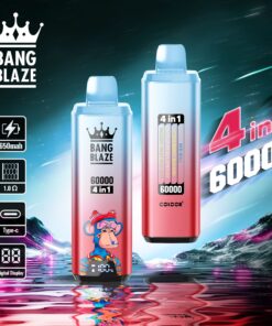A promotional image of two Bang Blaze vape devices, one decorated with a cartoon monkey and the other featuring a colorful list of flavors like 'Red Bull' and 'Mango Peach Apricot,' set against a vibrant cosmic background with a digital display showing a battery level.