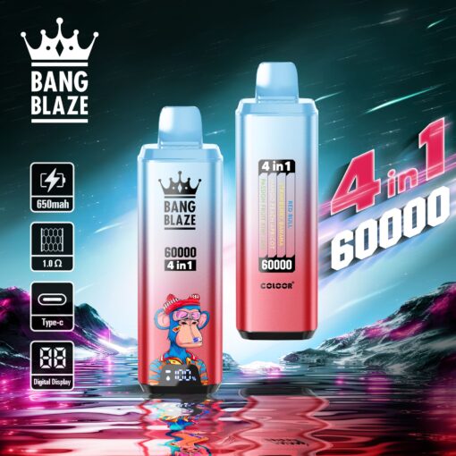 A promotional image of two Bang Blaze vape devices, one decorated with a cartoon monkey and the other featuring a colorful list of flavors like 'Red Bull' and 'Mango Peach Apricot,' set against a vibrant cosmic background with a digital display showing a battery level.