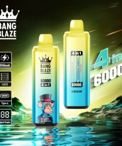 A colorful packaging of the Bang Blaze 60000 4-in-1 vaping device, featuring a cartoon monkey character and details like a digital display, Type-C charging, and specifications including a 650mAh battery and 1.0Ω resistance, against a vibrant, wavy green and blue background.