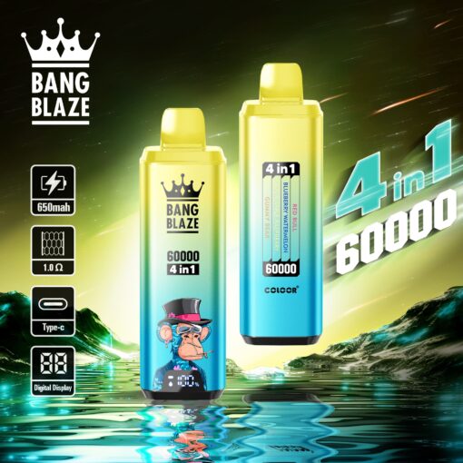 A colorful packaging of the Bang Blaze 60000 4-in-1 vaping device, featuring a cartoon monkey character and details like a digital display, Type-C charging, and specifications including a 650mAh battery and 1.0Ω resistance, against a vibrant, wavy green and blue background.