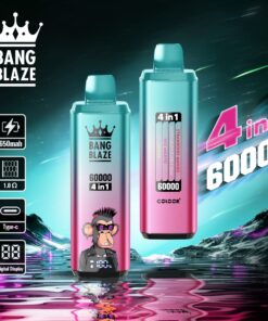 A promotional image featuring two colorful vape devices branded 'Bang Blaze', showcasing their features like '4 in 1', '60000 puffs', and '650mah battery', along with a cartoon monkey graphic, set against a vibrant, abstract cosmic background.