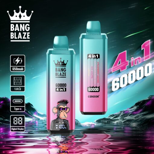 A promotional image featuring two colorful vape devices branded 'Bang Blaze', showcasing their features like '4 in 1', '60000 puffs', and '650mah battery', along with a cartoon monkey graphic, set against a vibrant, abstract cosmic background.