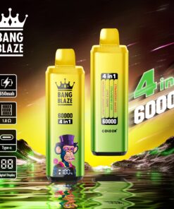 Two colorful Bang Blaze vape pens with a prominent monkey wearing a top hat design, featuring labels for 60000 puffs and 4 in 1 flavors including Strawberry Kiwi and Watermelon Dragon Fruit, set against a vibrant cosmic background and digital display.