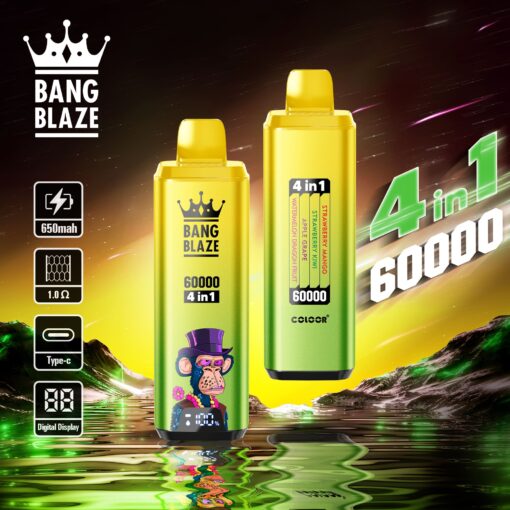 Two colorful Bang Blaze vape pens with a prominent monkey wearing a top hat design, featuring labels for 60000 puffs and 4 in 1 flavors including Strawberry Kiwi and Watermelon Dragon Fruit, set against a vibrant cosmic background and digital display.