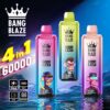 Three colorful vape devices labeled 'Bang Blaze 60000 4 in 1' with distinct cartoon monkey characters on the front, set against a futuristic blue backdrop, featuring icons for charging and specifications like a 650mah battery and digital display.