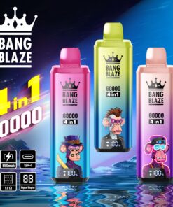 Three colorful vape devices labeled 'Bang Blaze 60000 4 in 1' with distinct cartoon monkey characters on the front, set against a futuristic blue backdrop, featuring icons for charging and specifications like a 650mah battery and digital display.