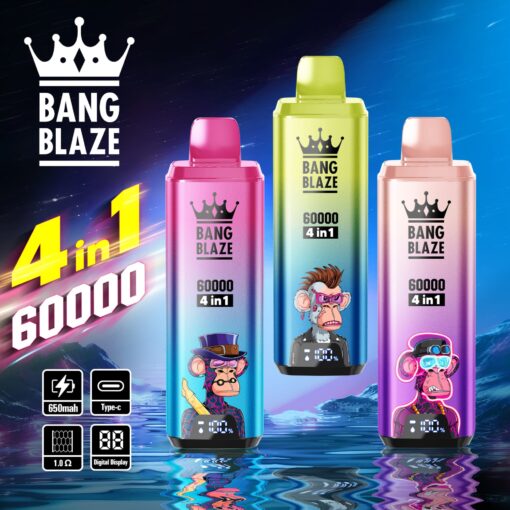 Three colorful vape devices labeled 'Bang Blaze 60000 4 in 1' with distinct cartoon monkey characters on the front, set against a futuristic blue backdrop, featuring icons for charging and specifications like a 650mah battery and digital display.