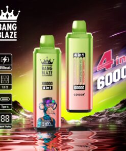 Two colorful vape devices labeled 'Bang Blaze' with a digital display, featuring a cartoon monkey wearing glasses on one side and showcasing four flavors on the other, set against a vibrant cosmic background.
