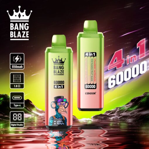 Two colorful vape devices labeled 'Bang Blaze' with a digital display, featuring a cartoon monkey wearing glasses on one side and showcasing four flavors on the other, set against a vibrant cosmic background.
