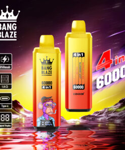 A vibrant display of two Bang Blaze vaping devices, featuring a colorful design with a cartoon monkey graphic, surrounded by cosmic scenery and highlighted text indicating '4 in 1, 60000'.