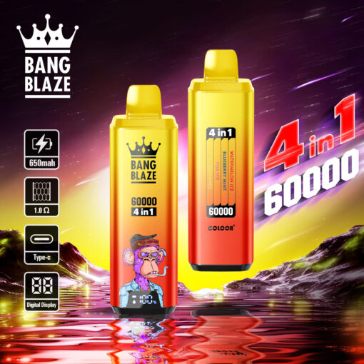 A vibrant display of two Bang Blaze vaping devices, featuring a colorful design with a cartoon monkey graphic, surrounded by cosmic scenery and highlighted text indicating '4 in 1, 60000'.
