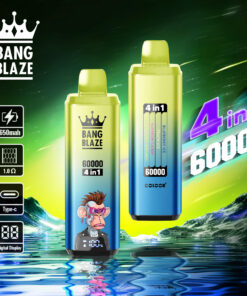 A colorful vape device with a cartoon monkey character on one side, labeled 'BANG BLAZE 60000 4 in 1,' featuring a digital display, indicators for flavors like blueberry ice and cotton candy, and specifications for battery and resistance, against a vibrant green and blue background.