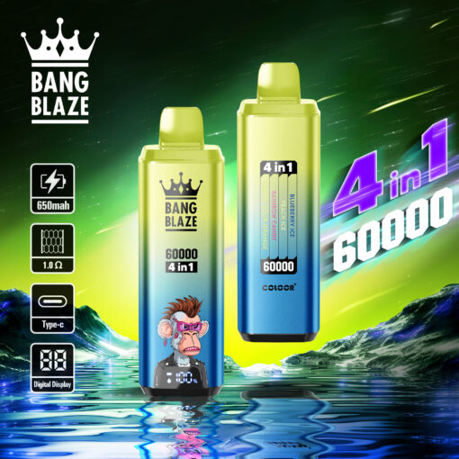 A colorful vape device with a cartoon monkey character on one side, labeled 'BANG BLAZE 60000 4 in 1,' featuring a digital display, indicators for flavors like blueberry ice and cotton candy, and specifications for battery and resistance, against a vibrant green and blue background.