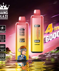 A colorful advertisement featuring two Bang Blaze vape devices, labeled '60000 4 in 1', with a cartoonish monkey wearing glasses and a suit on one device, set against a vibrant cosmic background with reflective water.