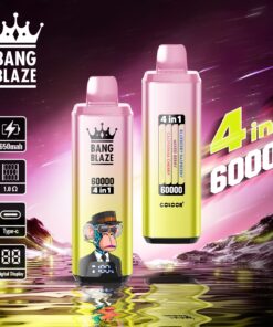 A vivid graphic showcasing two colorful vape devices from Bang Blaze, emphasizing their features like '4 in 1' capability, 60000 puffs, and flavor options such as Blueberry Raspberry and California Cherry, set against a reflective, cosmic background.