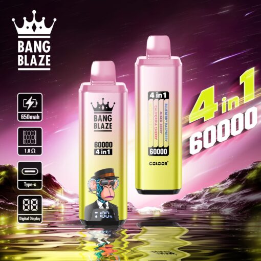 A vivid graphic showcasing two colorful vape devices from Bang Blaze, emphasizing their features like '4 in 1' capability, 60000 puffs, and flavor options such as Blueberry Raspberry and California Cherry, set against a reflective, cosmic background.