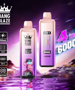 A vibrant illustration of two BANG BLAZE disposable vape devices with digital displays, labeled '60000 4 in 1', showcasing flavors like Aloe, Mango, Melon, Blueberry, and Grape Ice, set against a purple cosmic background.