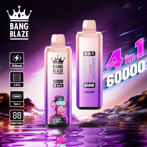 A vibrant illustration of two BANG BLAZE disposable vape devices with digital displays, labeled '60000 4 in 1', showcasing flavors like Aloe, Mango, Melon, Blueberry, and Grape Ice, set against a purple cosmic background.