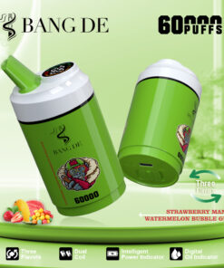 A vibrant green vape device branded 'BANG DE' with a playful skull design, featuring indicators for 60,000 puffs, three flavors (strawberry, mango, watermelon bubble gum), and an informative layout with a dual coil and power indicator.
