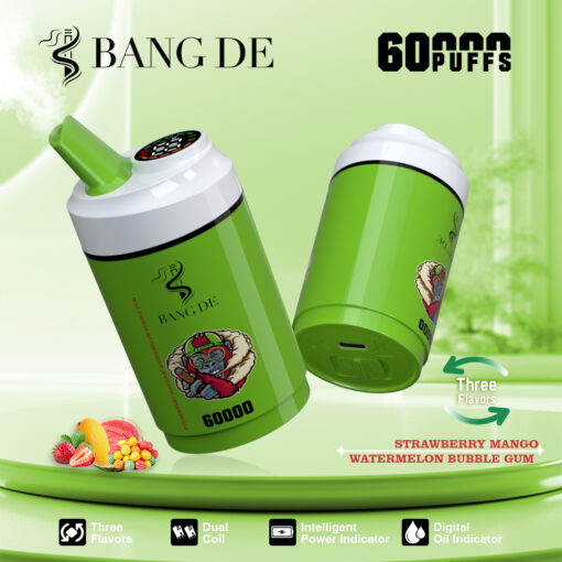 A vibrant green vape device branded 'BANG DE' with a playful skull design, featuring indicators for 60,000 puffs, three flavors (strawberry, mango, watermelon bubble gum), and an informative layout with a dual coil and power indicator.