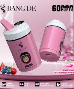 A pink vape device displayed prominently with a playful monkey graphic, featuring indicators for '60,000 puffs' and three flavors: watermelon, blueberry, and cherry, accompanied by an artistic background with fruit illustrations and product details.