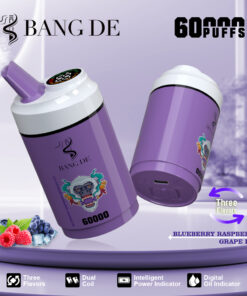 A purple vape device labeled 'BANG DE 60000 PUFFS' featuring graphics of a monkey and icons indicating three flavors, a dual coil, intelligent power indicator, and a digital oil indicator, with blueberries and raspberries illustrated in the foreground.