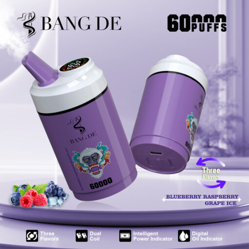 A purple vape device labeled 'BANG DE 60000 PUFFS' featuring graphics of a monkey and icons indicating three flavors, a dual coil, intelligent power indicator, and a digital oil indicator, with blueberries and raspberries illustrated in the foreground.