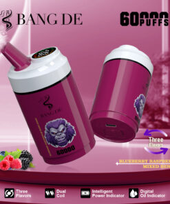A pink vape device labeled 'BANG DE' featuring a gorilla graphic, designed for 60,000 puffs and offering three flavors: blueberry, raspberry, and mixed berry; includes a digital oil indicator and intelligent power indicator.