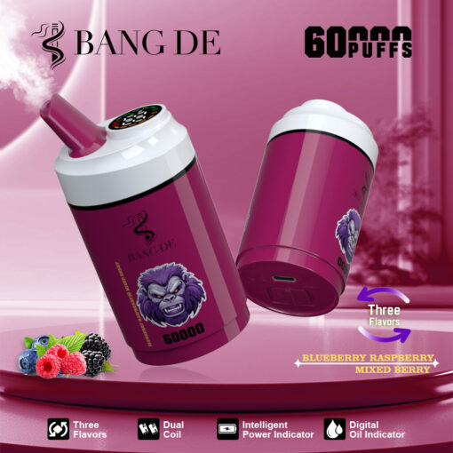A pink vape device labeled 'BANG DE' featuring a gorilla graphic, designed for 60,000 puffs and offering three flavors: blueberry, raspberry, and mixed berry; includes a digital oil indicator and intelligent power indicator.