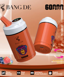 A vibrant orange vape device labeled 'BANG DE' featuring a lion graphic, designed for 60,000 puffs, with indicators for three flavors (Blueberry Ice, Peach Ice), dual coil technology, and digital oil display.