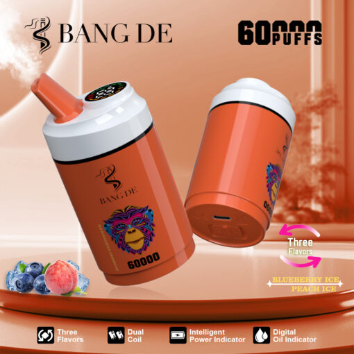 A vibrant orange vape device labeled 'BANG DE' featuring a lion graphic, designed for 60,000 puffs, with indicators for three flavors (Blueberry Ice, Peach Ice), dual coil technology, and digital oil display.