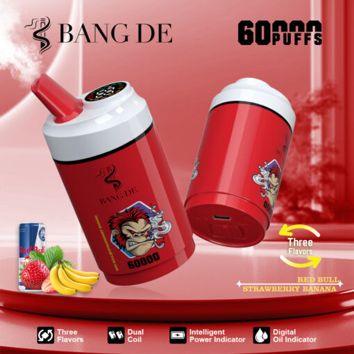 A red disposable vape device labeled 'BANG DE 60000 Puffs' featuring a cartoon monkey with smoke, showcasing its 'Three Flavors' of Red Bull and Strawberry Banana, alongside icons for dual coil, intelligent power indicator, and digital oil indicator.