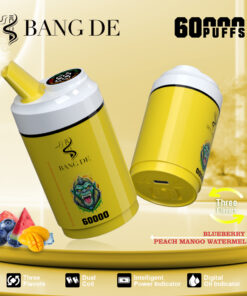 A bright yellow vape device labeled 'BANG DE 60000' featuring a gorilla graphic, a mouthpiece at the top, and text indicating 'Three Flavors: Blueberry Ice, Peach Mango, Watermelon' alongside icons for dual coil and power indicators, placed against a light background with fruit visuals.