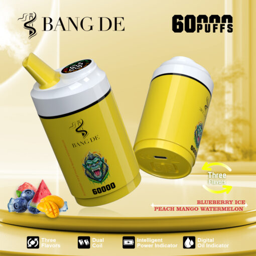 A bright yellow vape device labeled 'BANG DE 60000' featuring a gorilla graphic, a mouthpiece at the top, and text indicating 'Three Flavors: Blueberry Ice, Peach Mango, Watermelon' alongside icons for dual coil and power indicators, placed against a light background with fruit visuals.