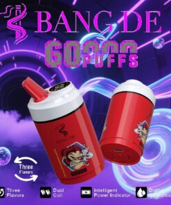 A vibrant advertisement for Bang De vape featuring two red devices with a cartoon character blowing smoke, emphasizing features like 60,000 puffs, three flavors, dual coil technology, intelligent power indicator, and digital oil indicator against a colorful, futuristic background.