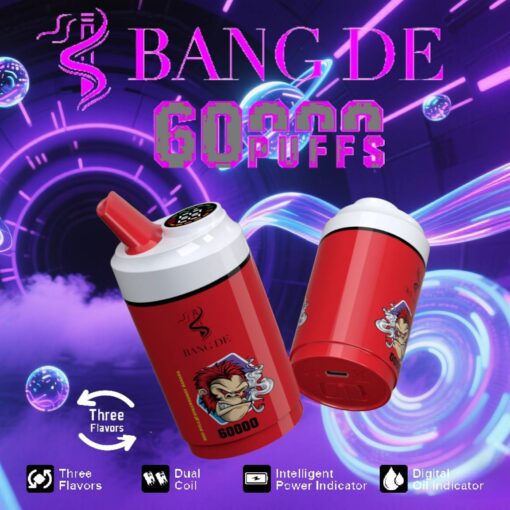 A vibrant advertisement for Bang De vape featuring two red devices with a cartoon character blowing smoke, emphasizing features like 60,000 puffs, three flavors, dual coil technology, intelligent power indicator, and digital oil indicator against a colorful, futuristic background.