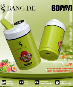 A green vape device labeled 'BANG DE' with a cartoon character wearing sunglasses and a red beanie, featuring a capacity of 60,000 puffs, and indicating three flavors: strawberry watermelon, kiwi, and passion fruit guava.