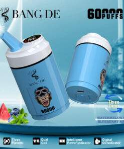 A blue, cylindrical vape device labeled 