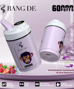 A stylish disposable vape device labeled 'BANG DE' featuring a purple design with a monkey logo, showcasing its capacity for 60,000 puffs and options for three flavors: Strawberry Watermelon and Black Dragon Ice, along with indicators for power and oil level.