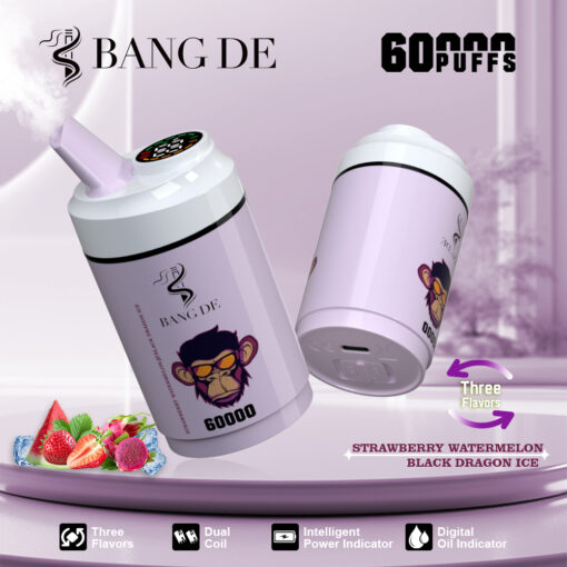 A stylish disposable vape device labeled 'BANG DE' featuring a purple design with a monkey logo, showcasing its capacity for 60,000 puffs and options for three flavors: Strawberry Watermelon and Black Dragon Ice, along with indicators for power and oil level.